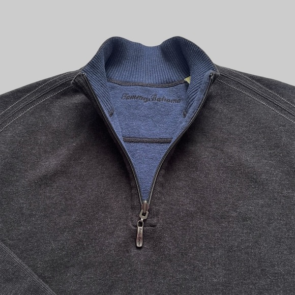 Tommy Bahama Tobago Bay Half Zip Sweater Dark Gray & Blue 100% Cotton Medium - Picture 2 of 6